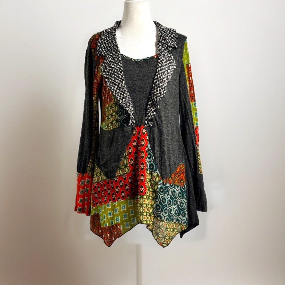 Boho Patchwork Cardigan Jacket Gray Multicolor Artsy Asymmetrical S